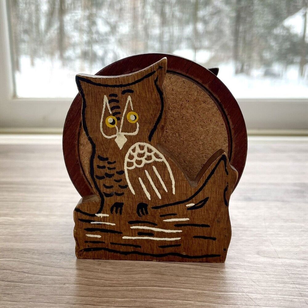 Vintage Owl Coaster Holder And Coaster Set Of 5 MCM